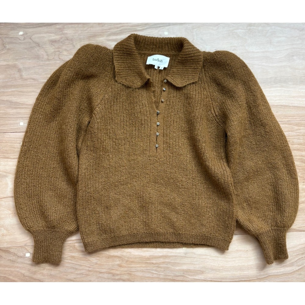 Ba&sh Tilte Jumper Brown Mohair Wool Puff Sleeve Peter Pan Collar Sweater XS Lux - Picture 2 of 12